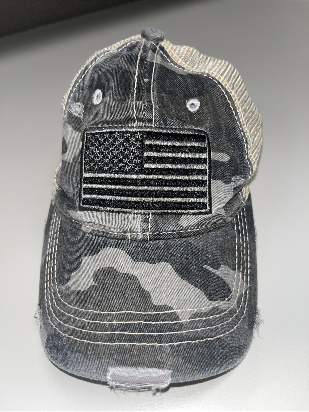 C.C Gray Camouflage Distressed Trucker Ponytail Cap / Hat with USA Flag Patch